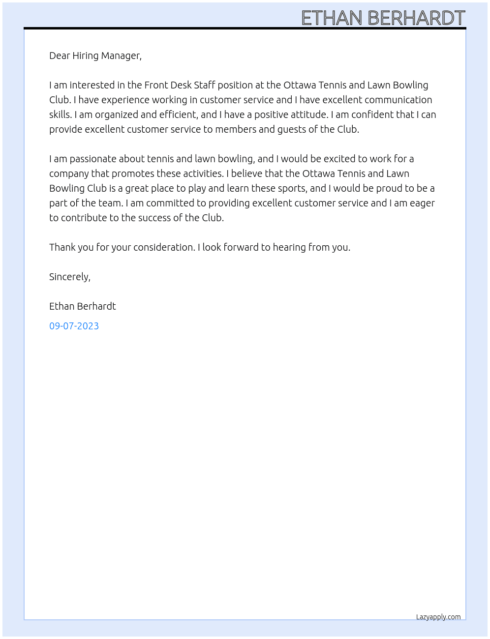 Front Desk Staff At Ottawa Tennis and Lawn Bowling Club Cover Letter