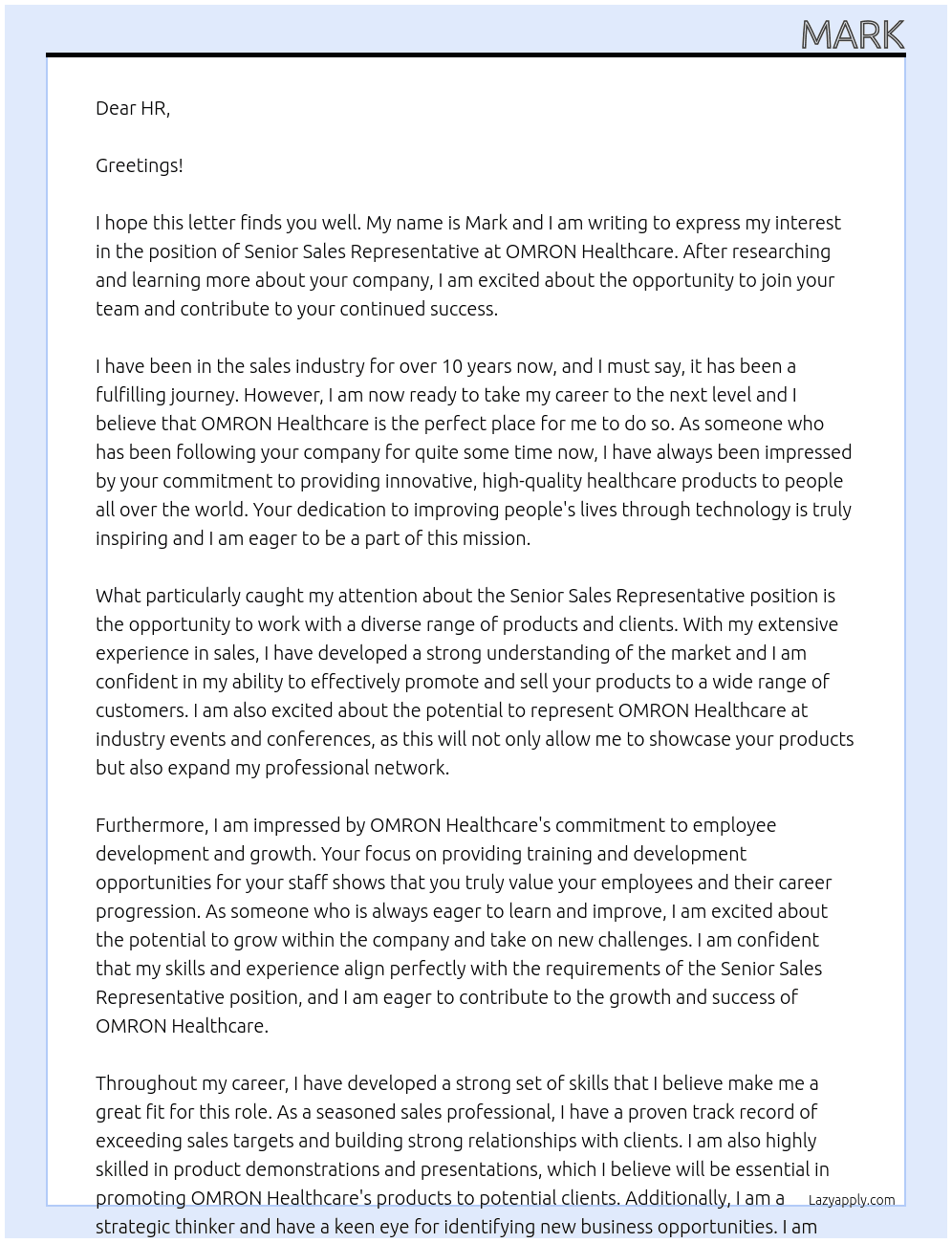Senior Sales Representitve  At OMRON Healthcare  Cover Letter