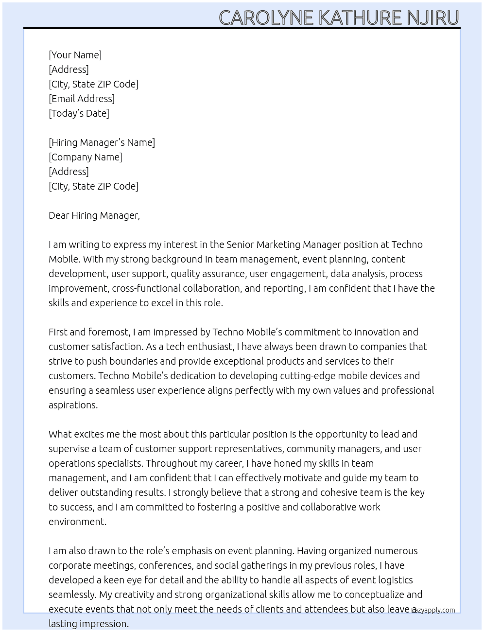 Senior Marketing Manager At Techno Mobile Cover Letter