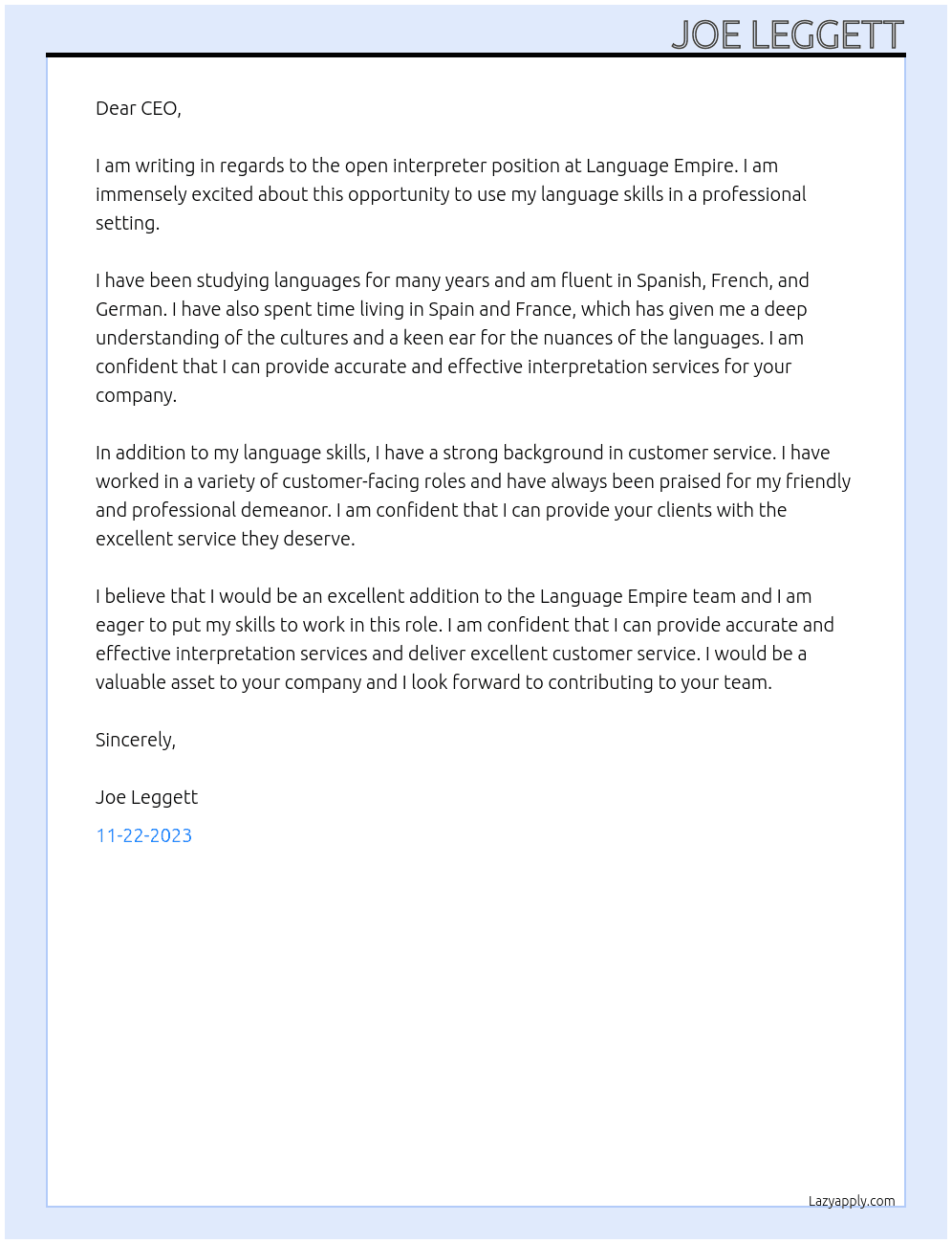 Interpreter At Language Empire Cover Letter
