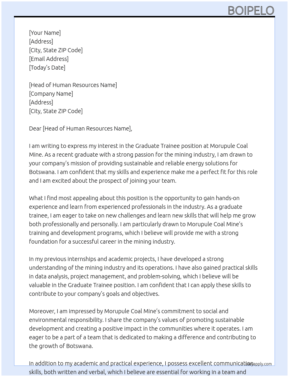 GRADUATE TRAINEE  At MORUPULE COAL MINE Cover Letter