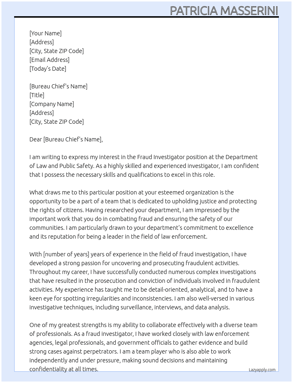 Fraud Investigator At Department of Law and Public Safety Cover Letter