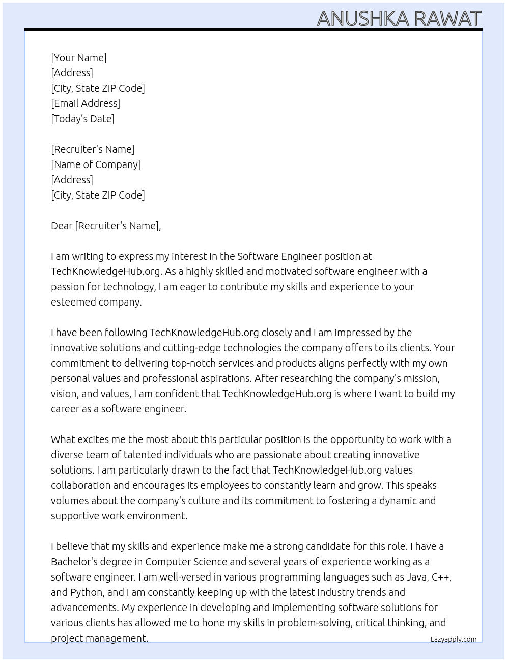software engineer At TechKnowledgeHub.org Cover Letter