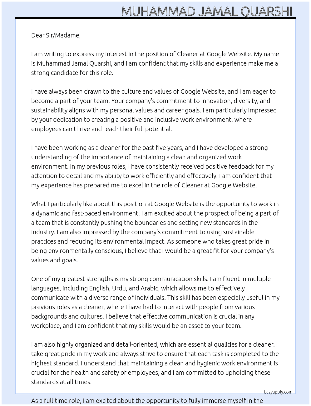 Cleaner At Google Website  Cover Letter