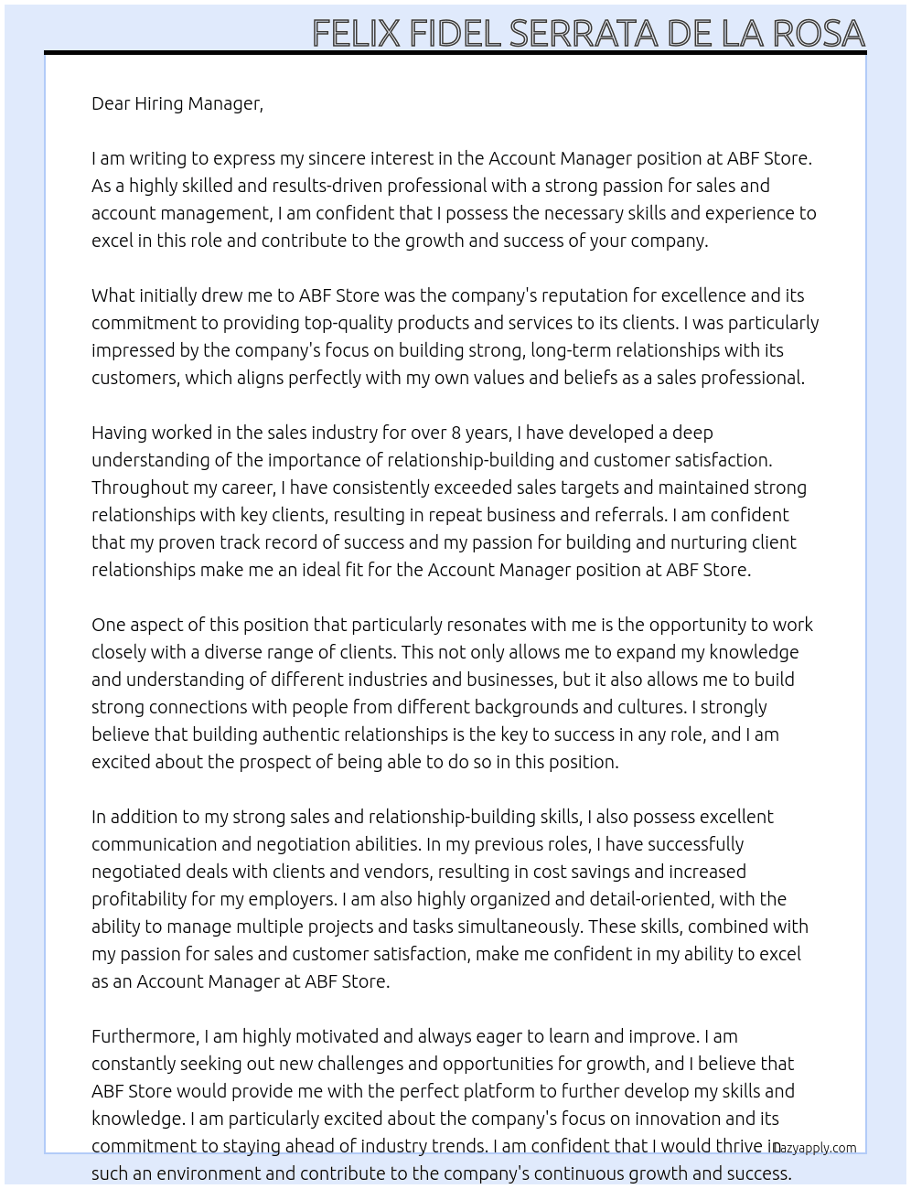 Account Manager At ABF Store Cover Letter