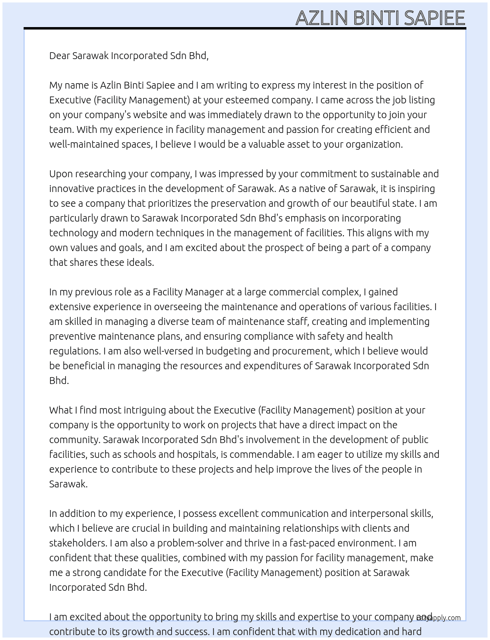 Executive (Facility Management) At Sarawak Incorporated Sdn Bhd Cover Letter