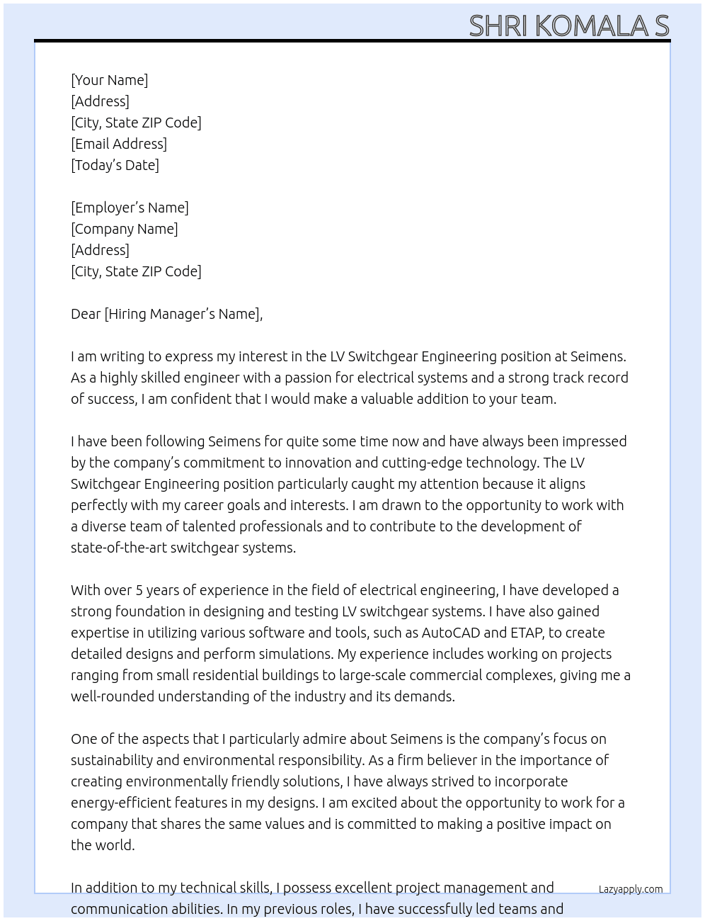 LV Switchgear Engineering At Seimens Cover Letter