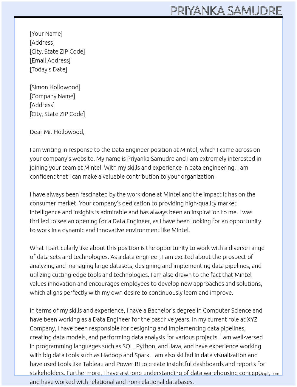 Data Engineer At Mintel Cover Letter
