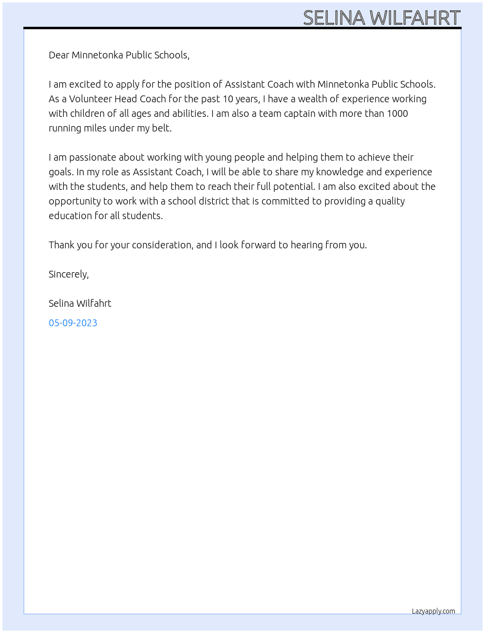Assistant Coach At Minnetonka Public Schools Cover Letter