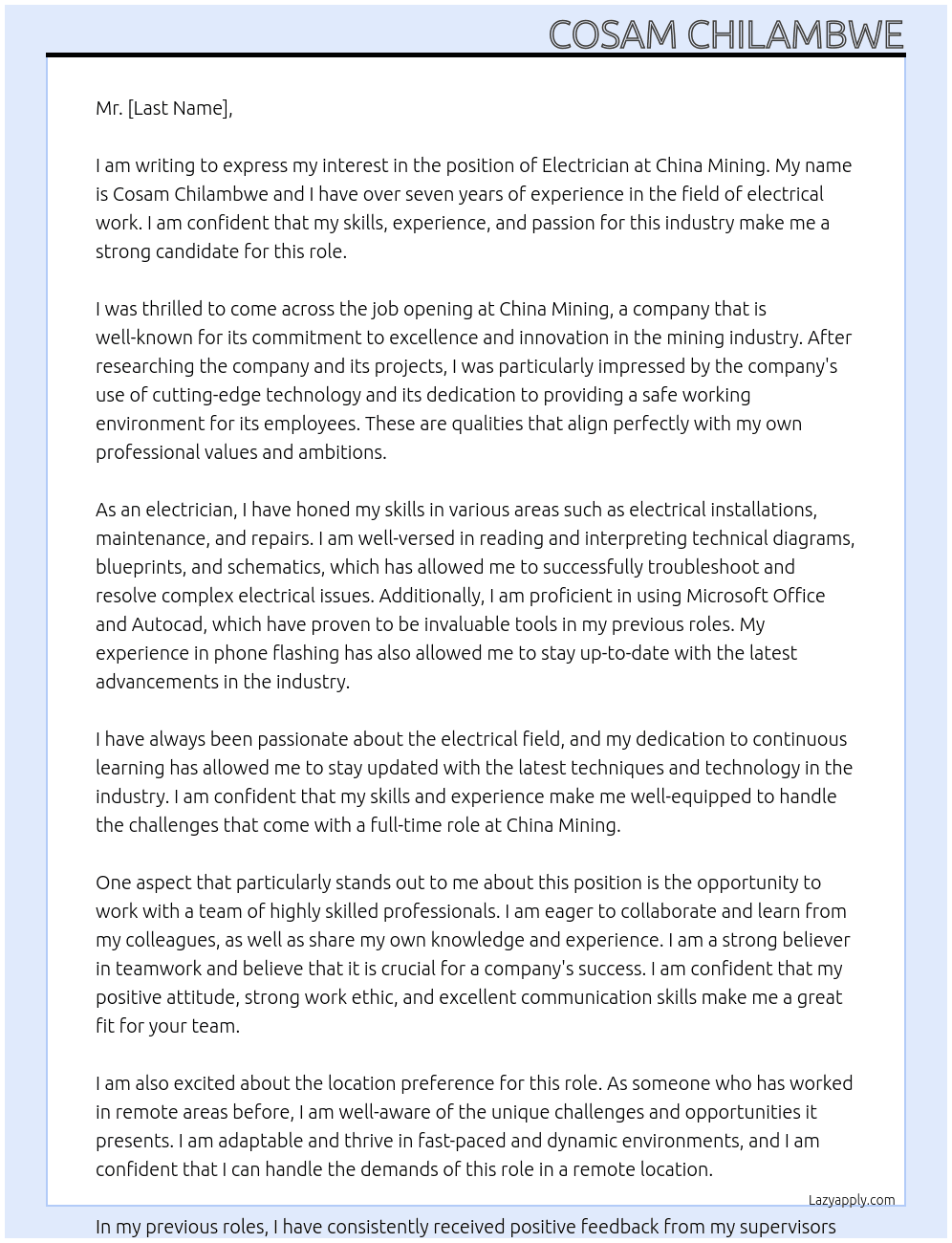electrician  At china mining  Cover Letter