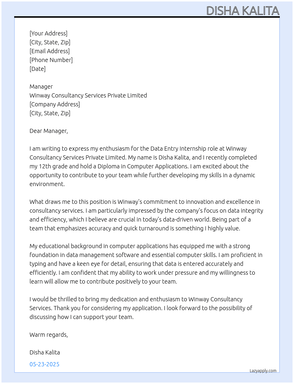 Data entry  At Winway consultancy services private limited  Cover Letter