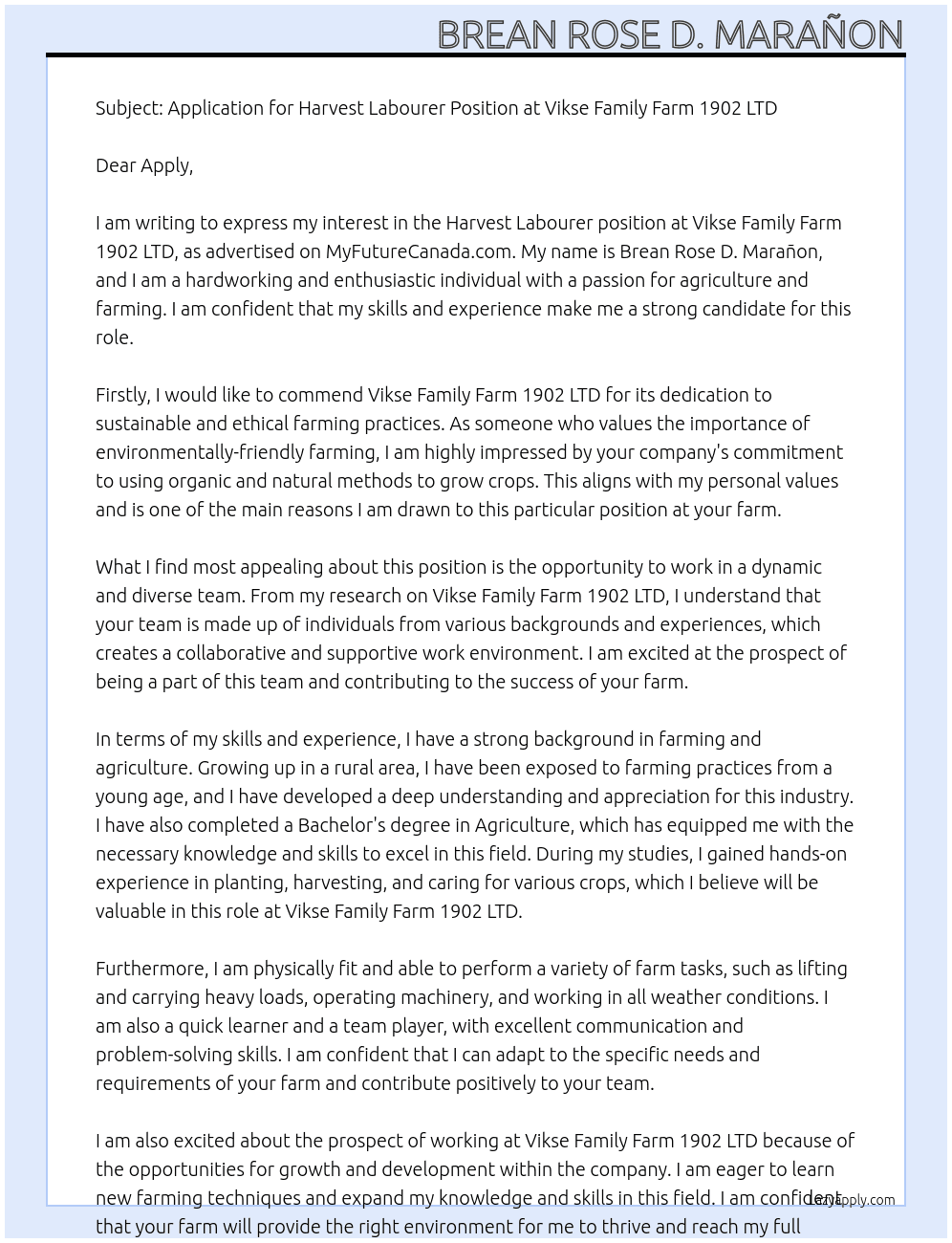 Harvest Labourer At Vikse Family Farm 1902 LTD Cover Letter
