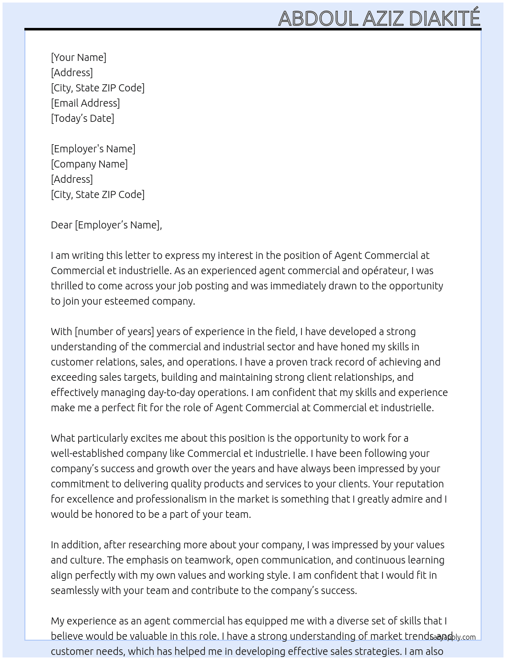 Agent commercial  At Commercial et industrielle  Cover Letter