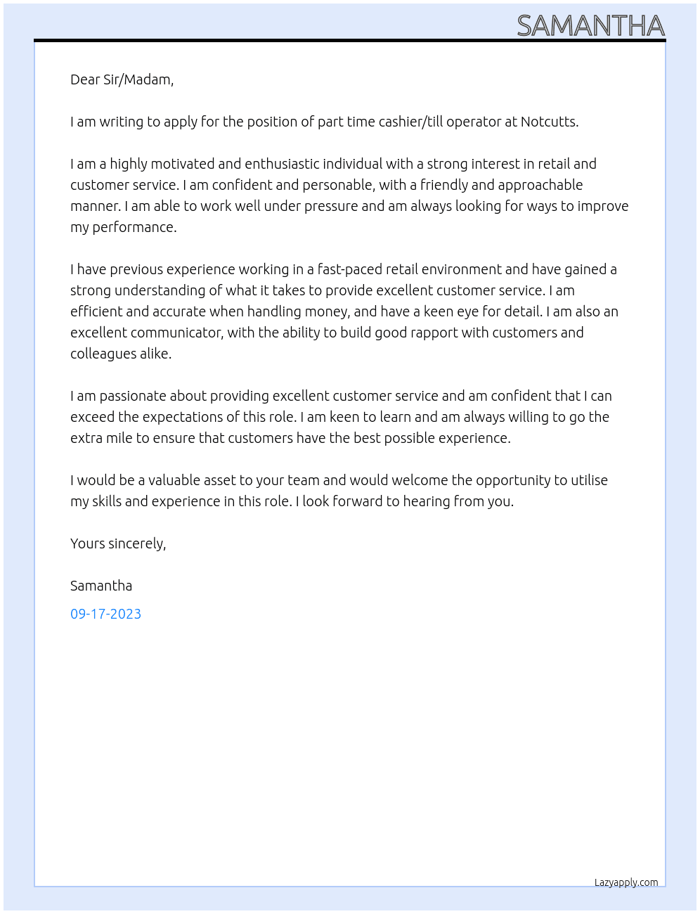 part time cashier/ till operator At notcutts Cover Letter
