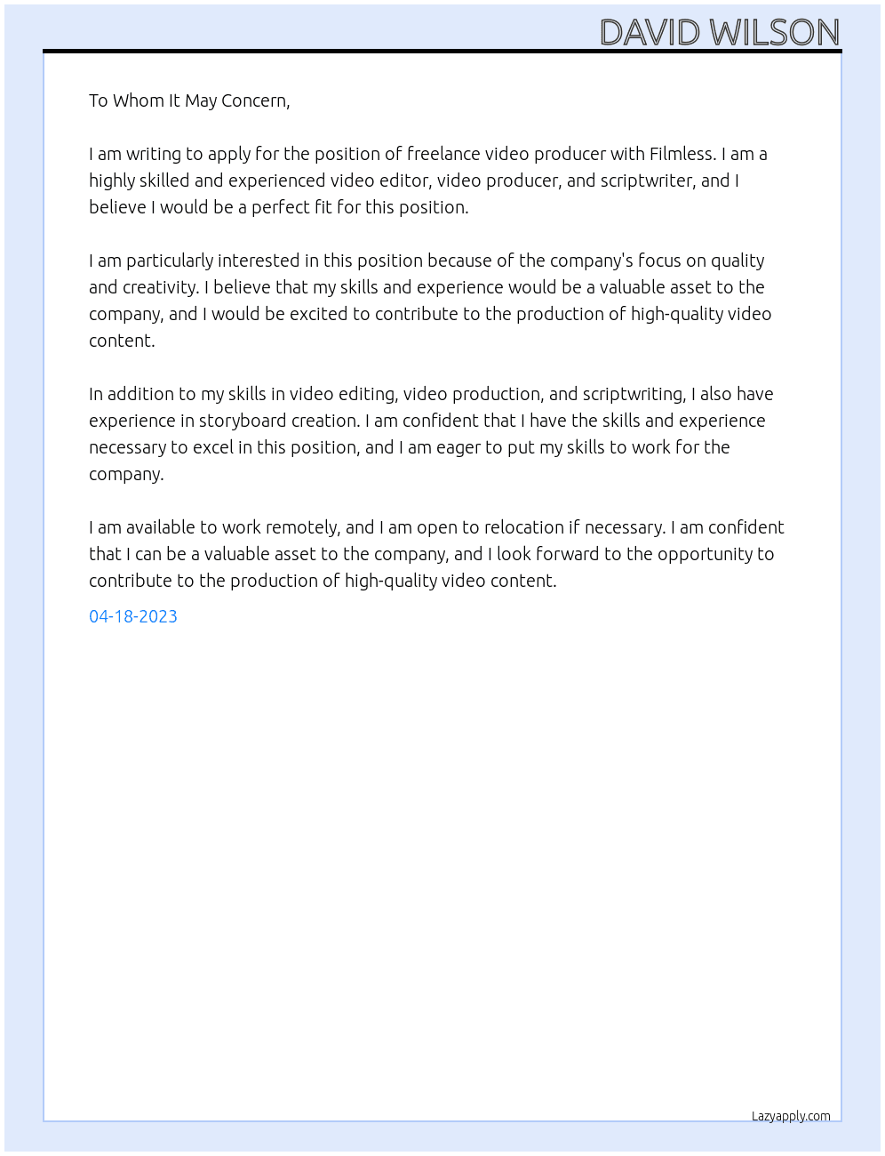 Freelance video producer At Filmless  Cover Letter