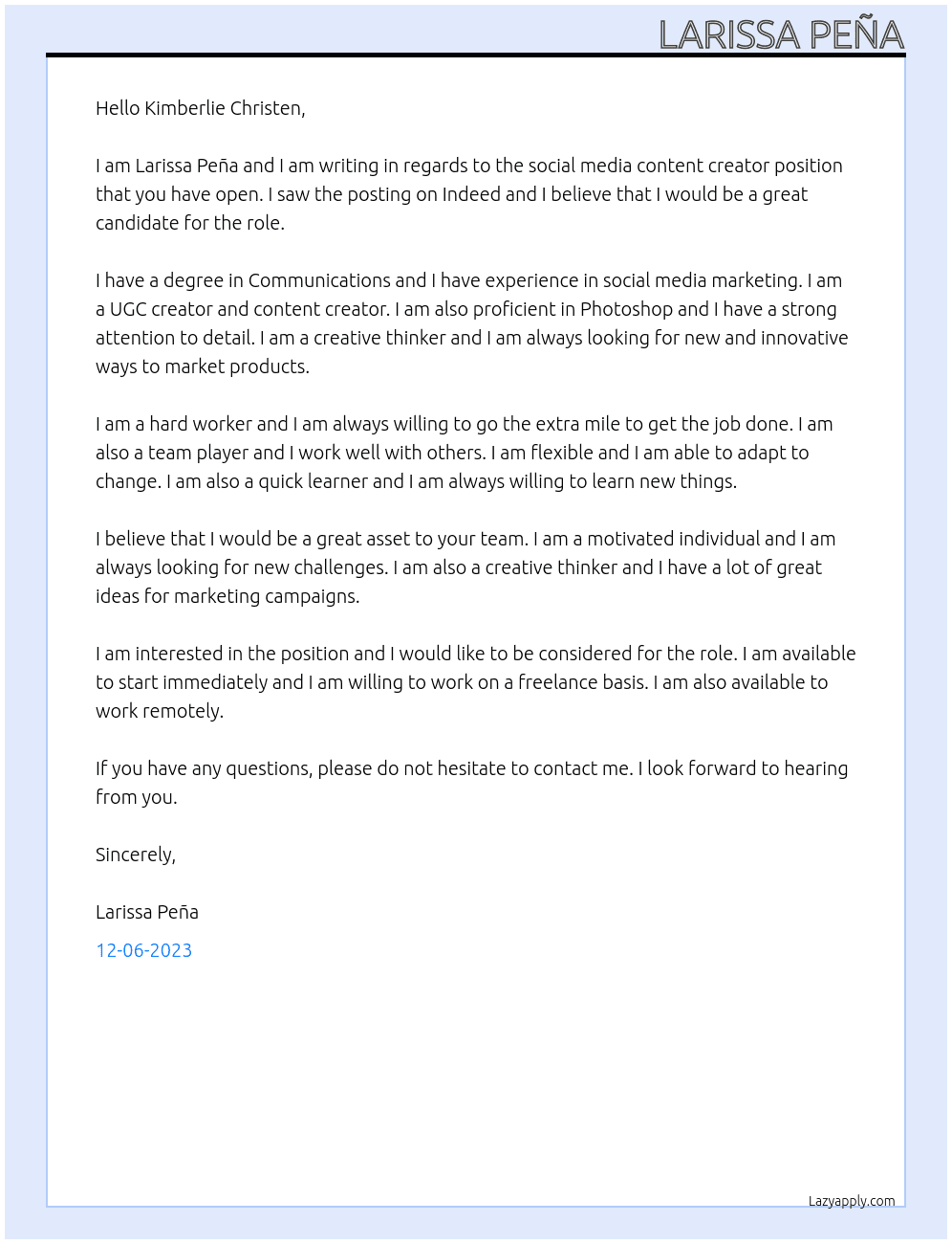 Social media content creator  At Protein campaign  Cover Letter