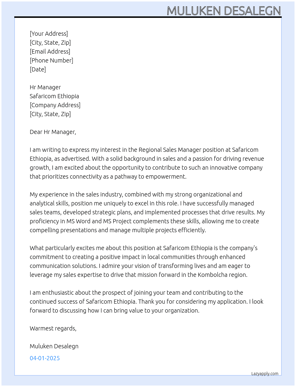 Regional Sales Mannager At Safaricom Ethiopia Cover Letter