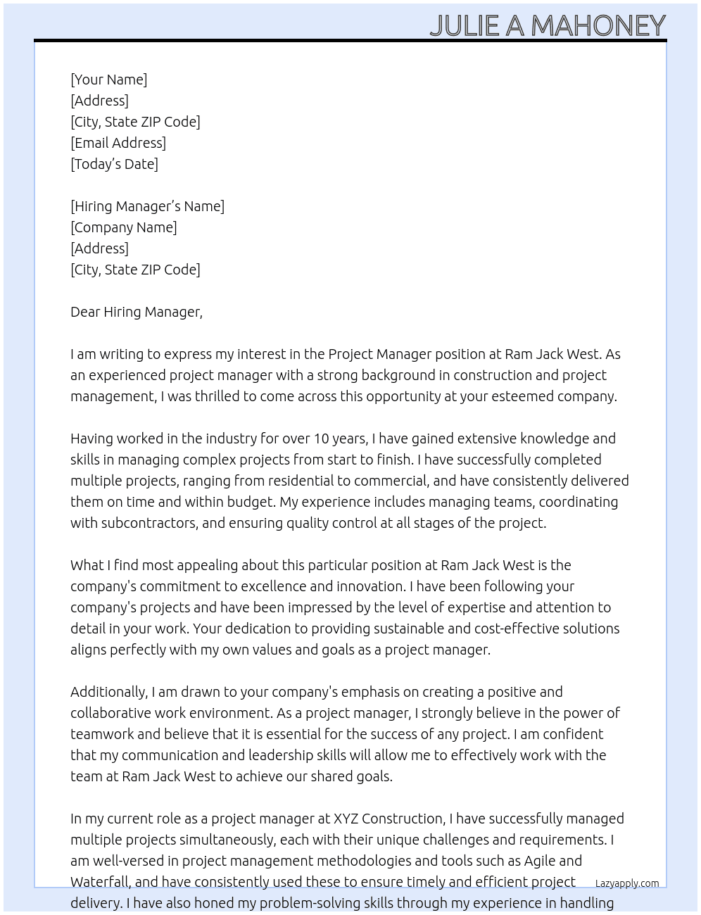 Project Manager At Ram Jack West Cover Letter