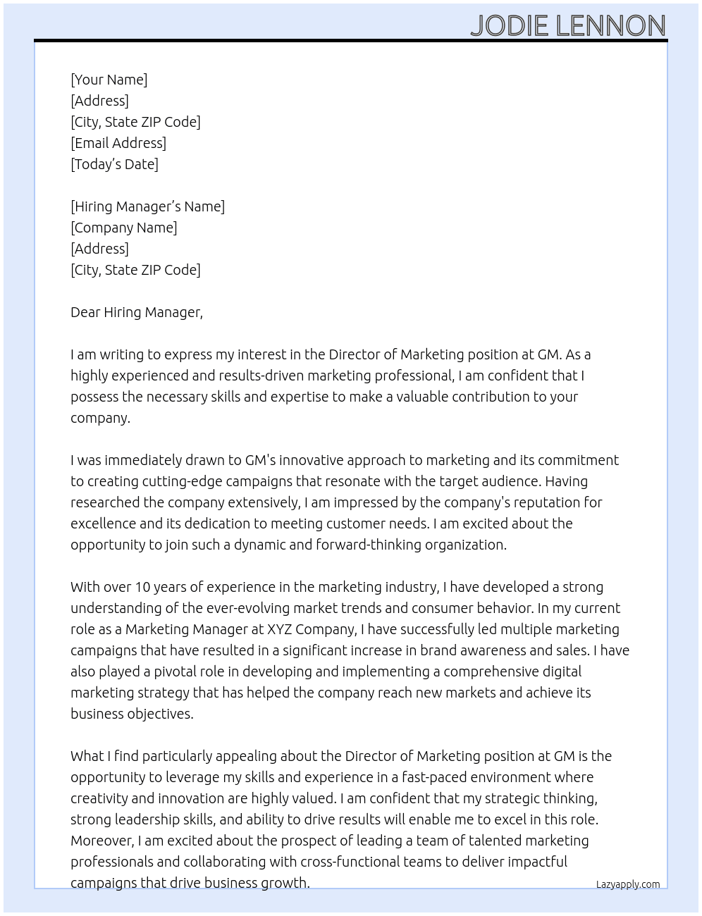 Director- Marketing  At GM  Cover Letter