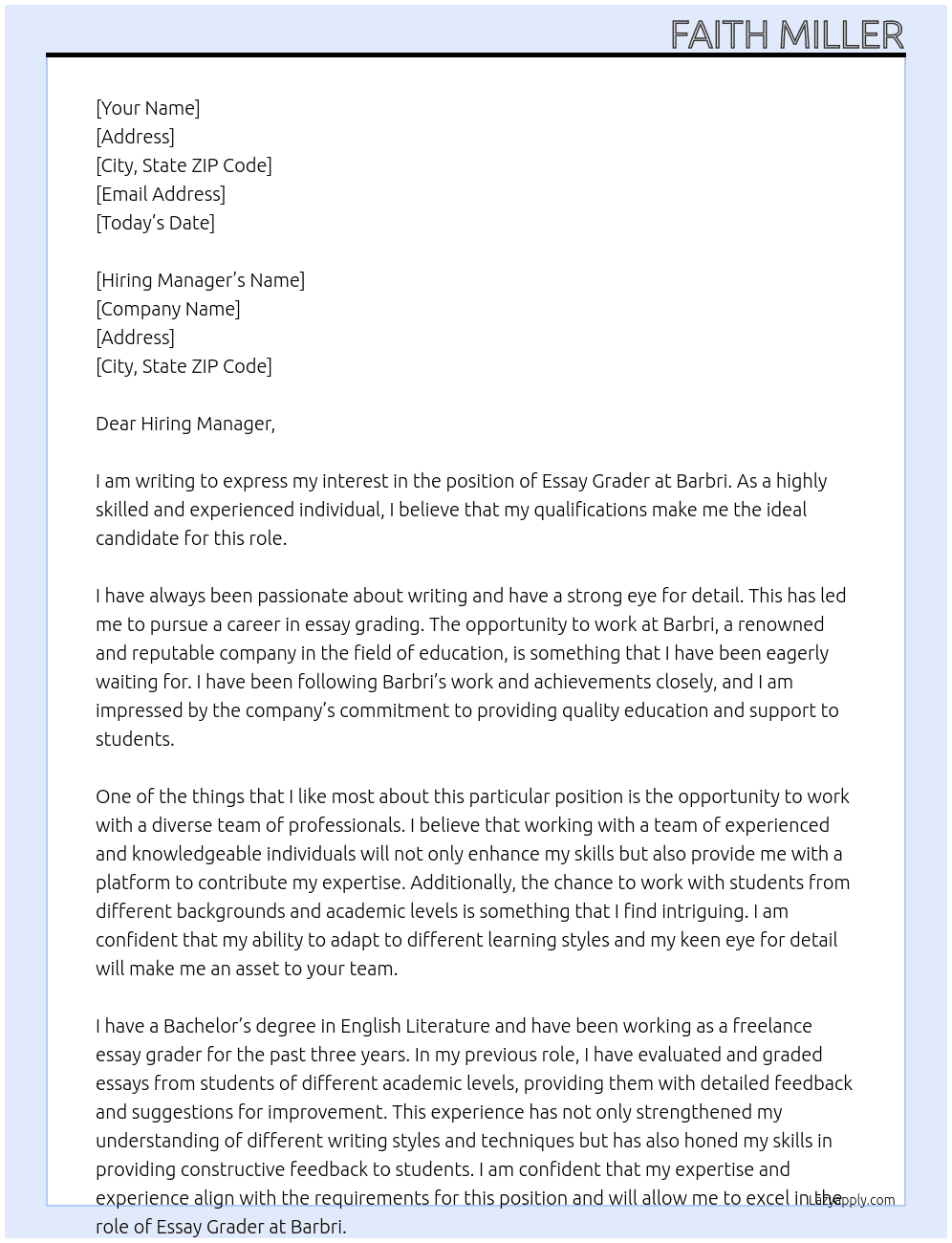 Essay Grader At Barbri Cover Letter