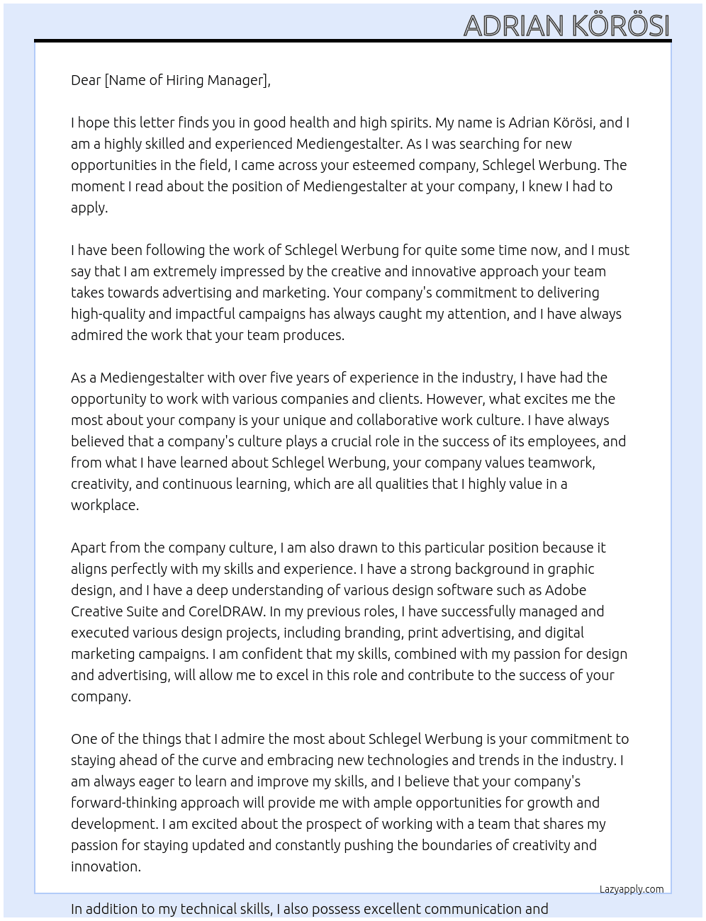 Mediengestalter At Schlegel Werbung Cover Letter