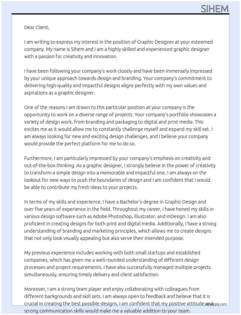 Graphic designer At client Cover Letter