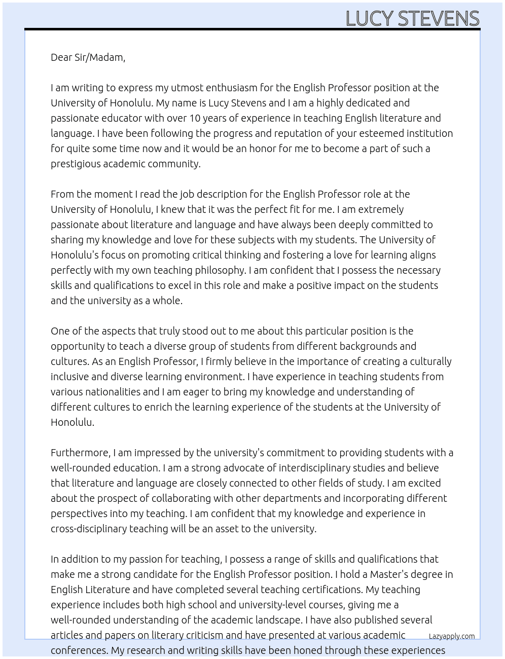 English Professor At University of Honolulu Cover Letter