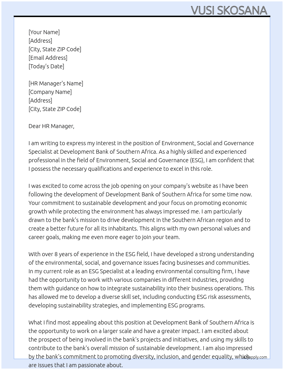 Environment. Social and governance specialist At Development Bank of zsouthern africa Cover Letter