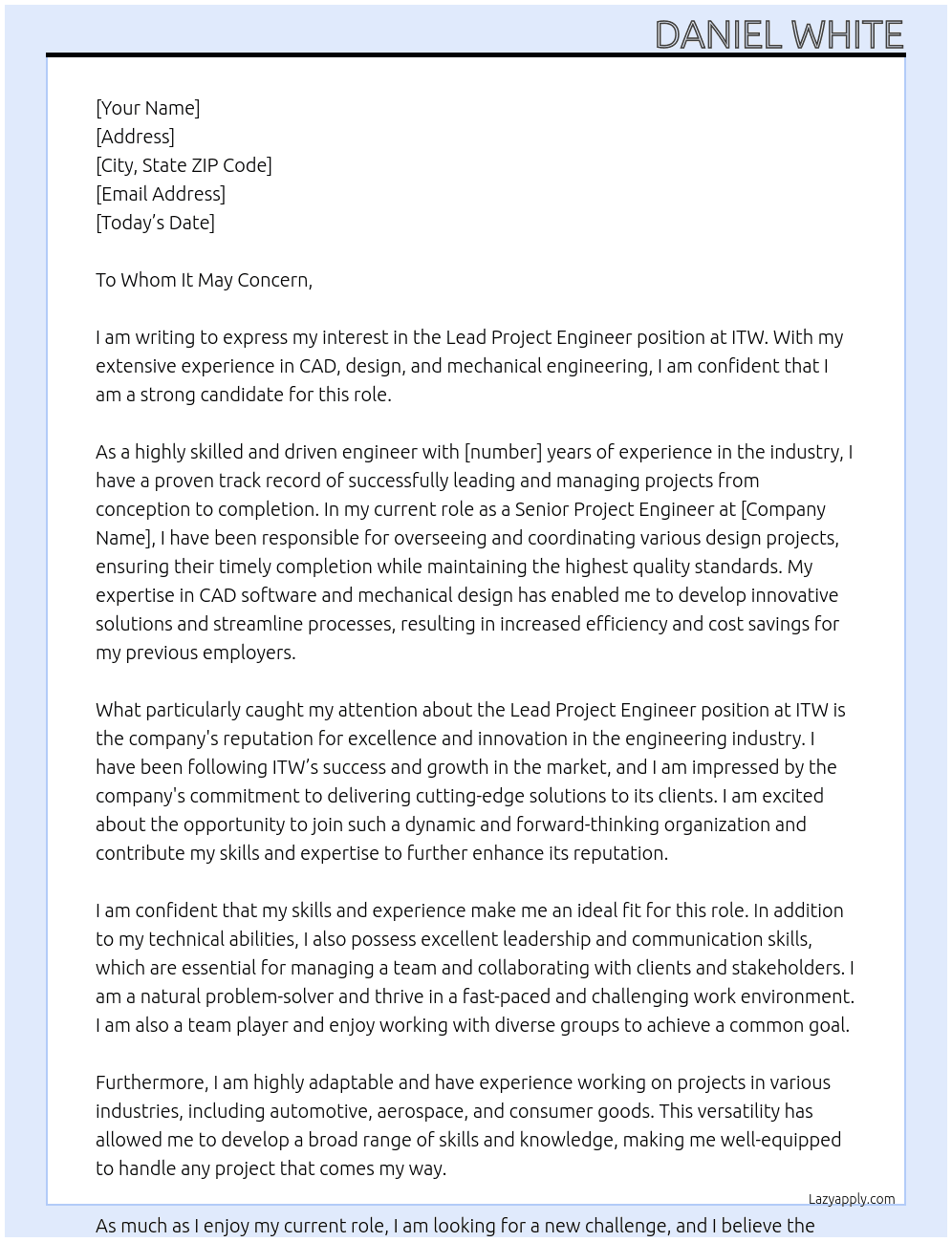 Lead Project Engineer At ITW Cover Letter