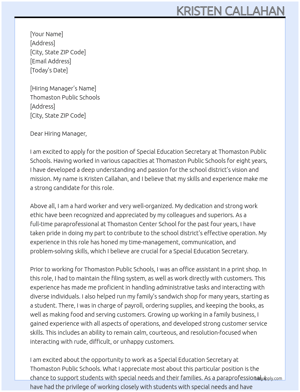 special education secretary  At Thomaston Public Schools Cover Letter