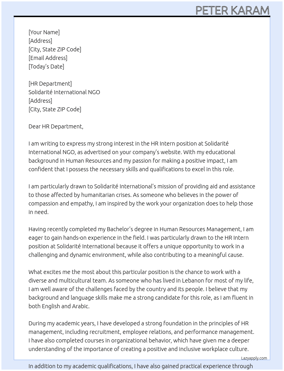 Hr intern At Solidarité international ngo Cover Letter