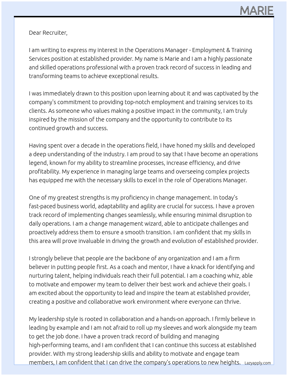 Operations Manager - Employment & Training Services At established provider Cover Letter