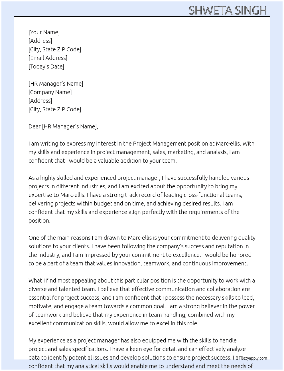 Project Management  At Marc-ellis Cover Letter