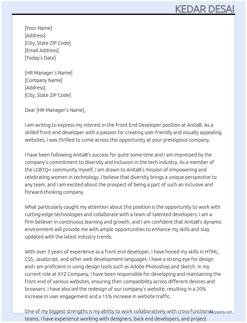 Front end developer At AnitaB Cover Letter