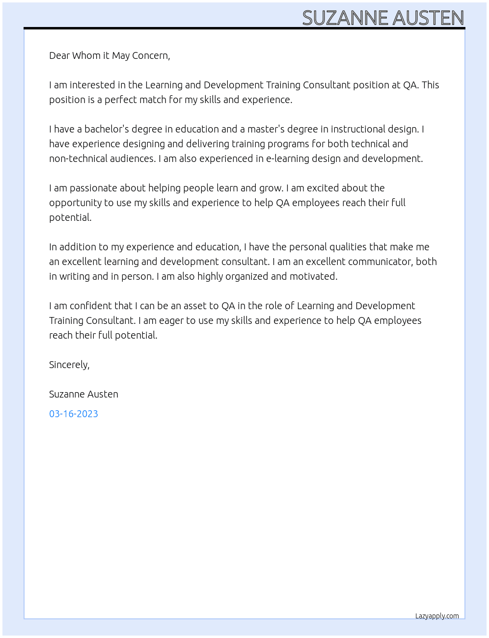 Learning and Development Training Consultant At QA Cover Letter