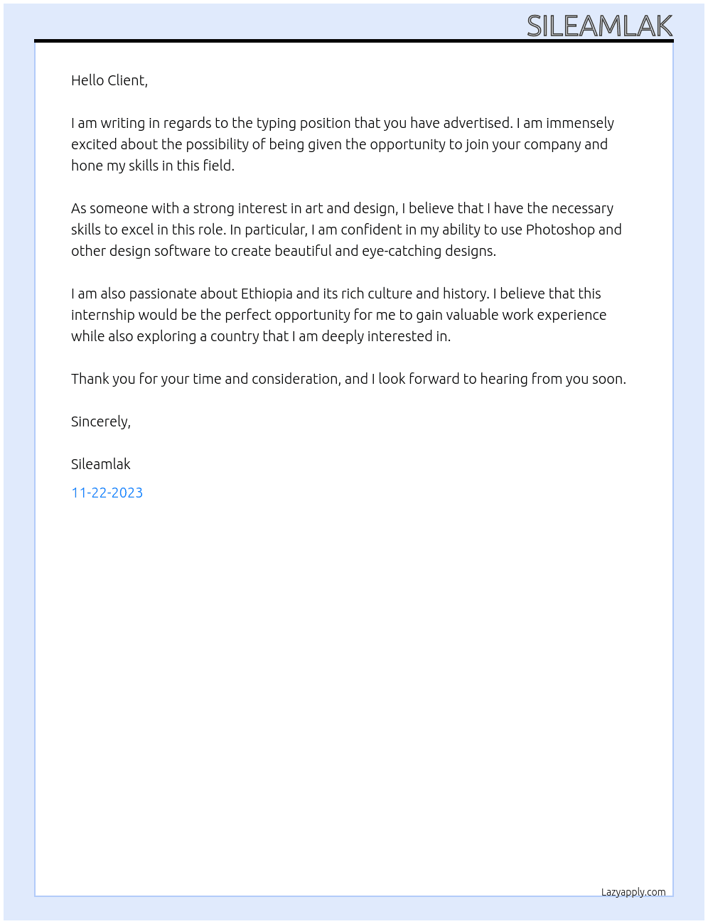 typing At client  Cover Letter