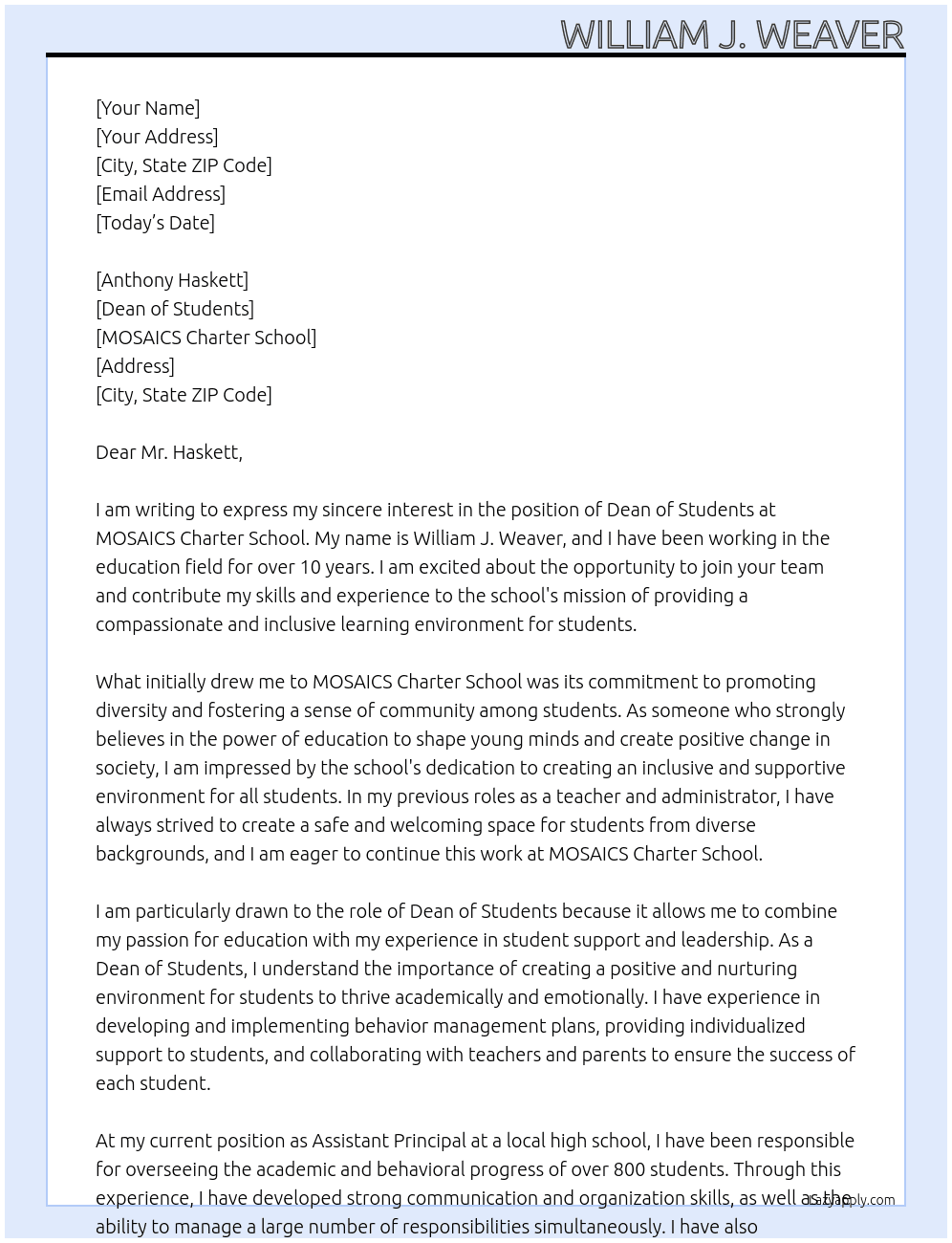 Dean of Students At MOSAICS Charter School Cover Letter