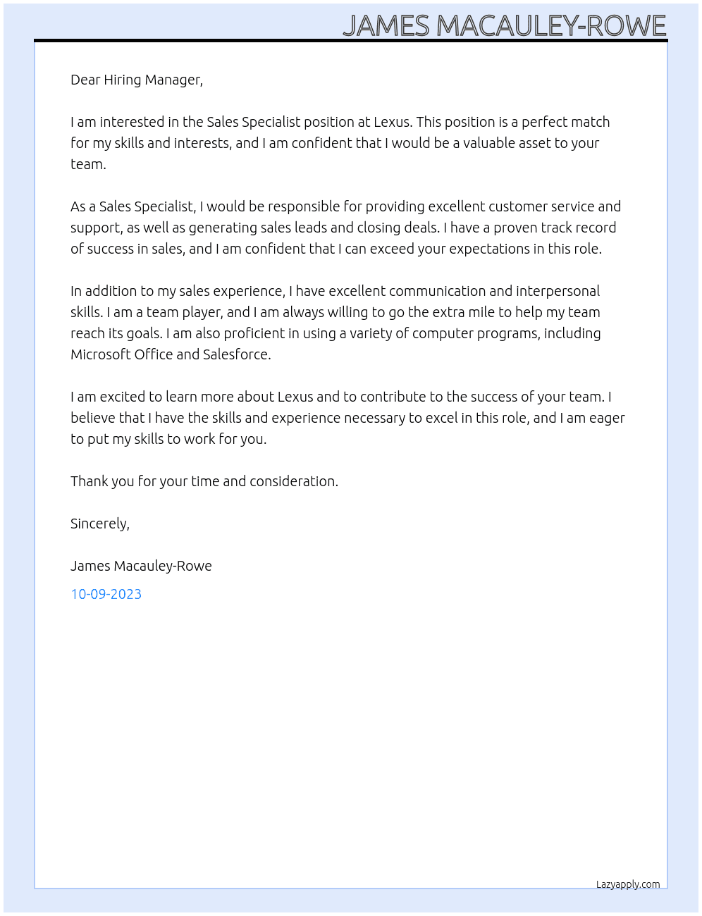 Sales specialist At Lexus Cover Letter