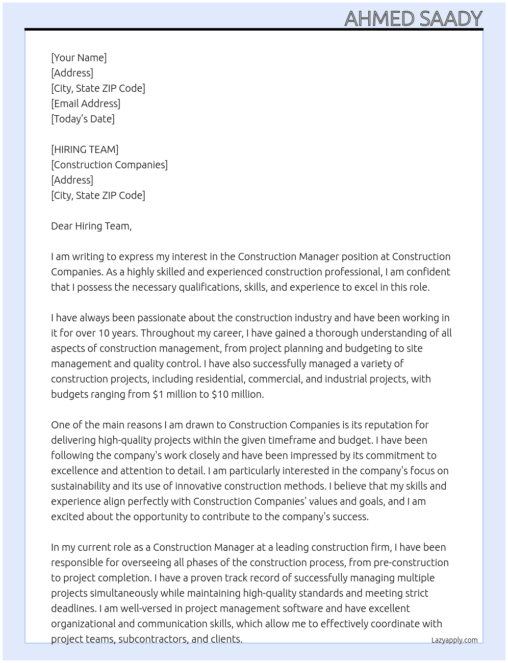 construxtion manager At CONSTRUCTION COMPANIES Cover Letter