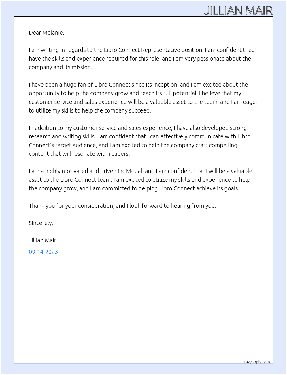 Libro Connect Representative  At Libro Connect Cover Letter