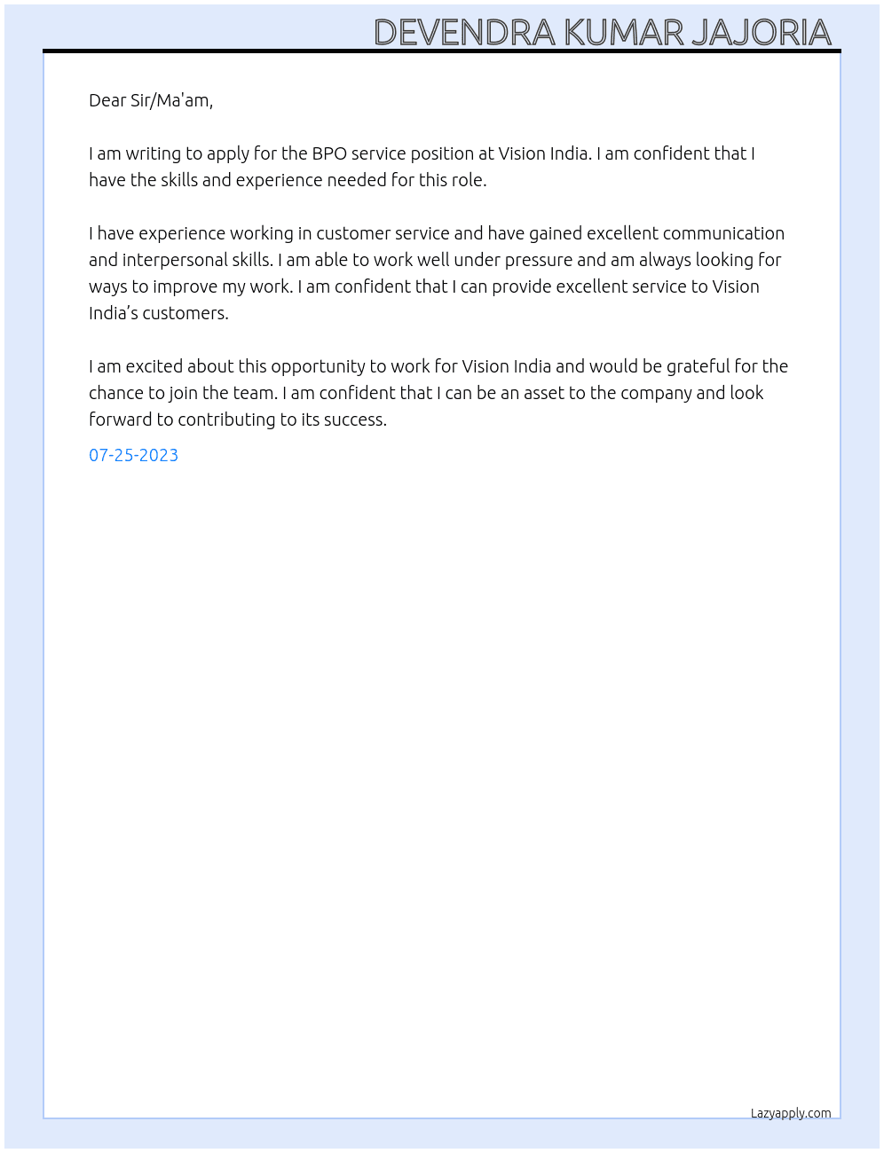 BPO service  At Vision India  Cover Letter