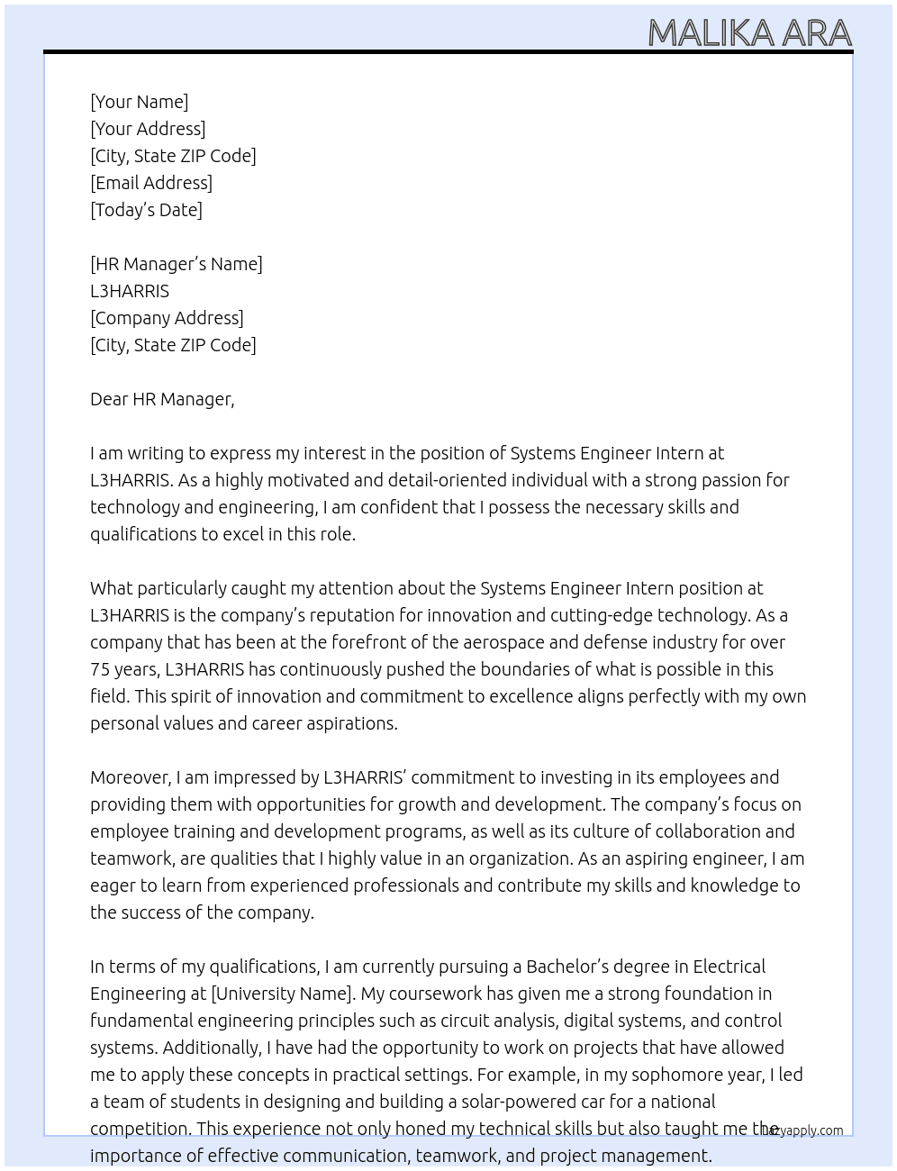 Systems Engineer Intern At L3HARRIS Cover Letter