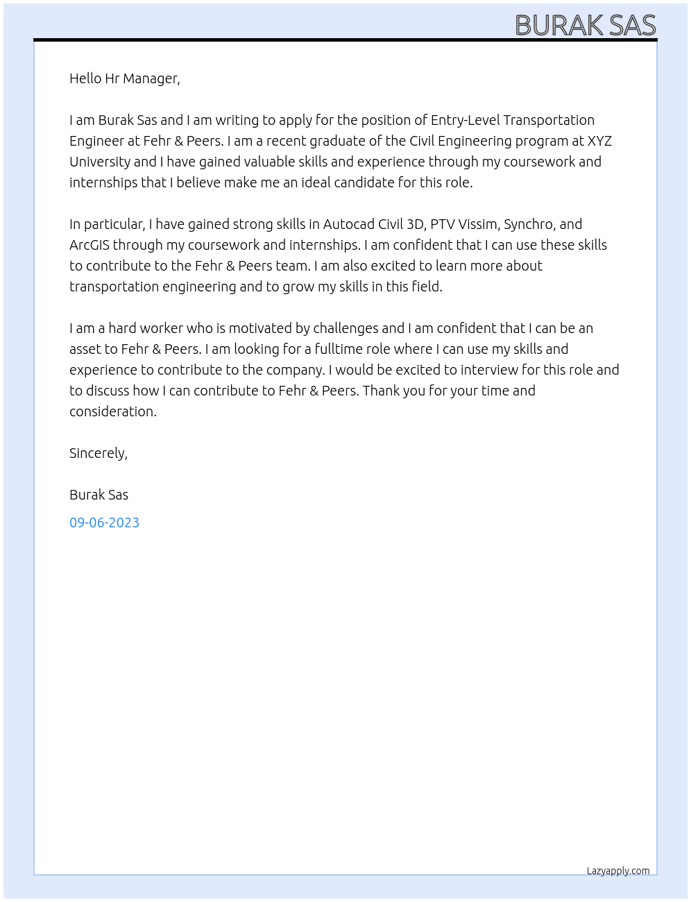 Entry-Level Transportation Engineer At Fehr & Peers Cover Letter