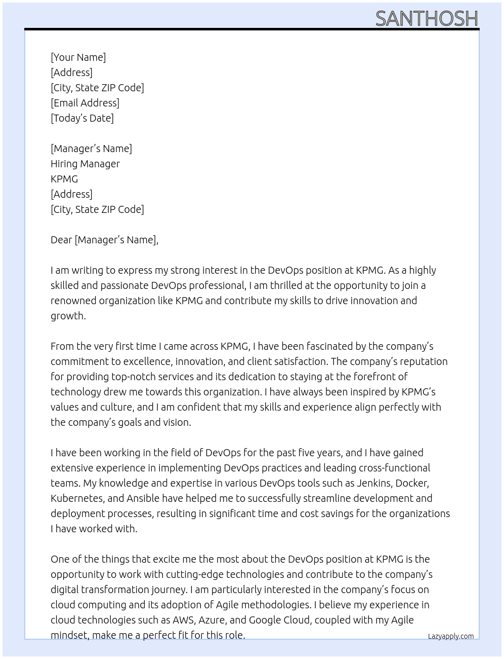 DevOps At KPMG Cover Letter