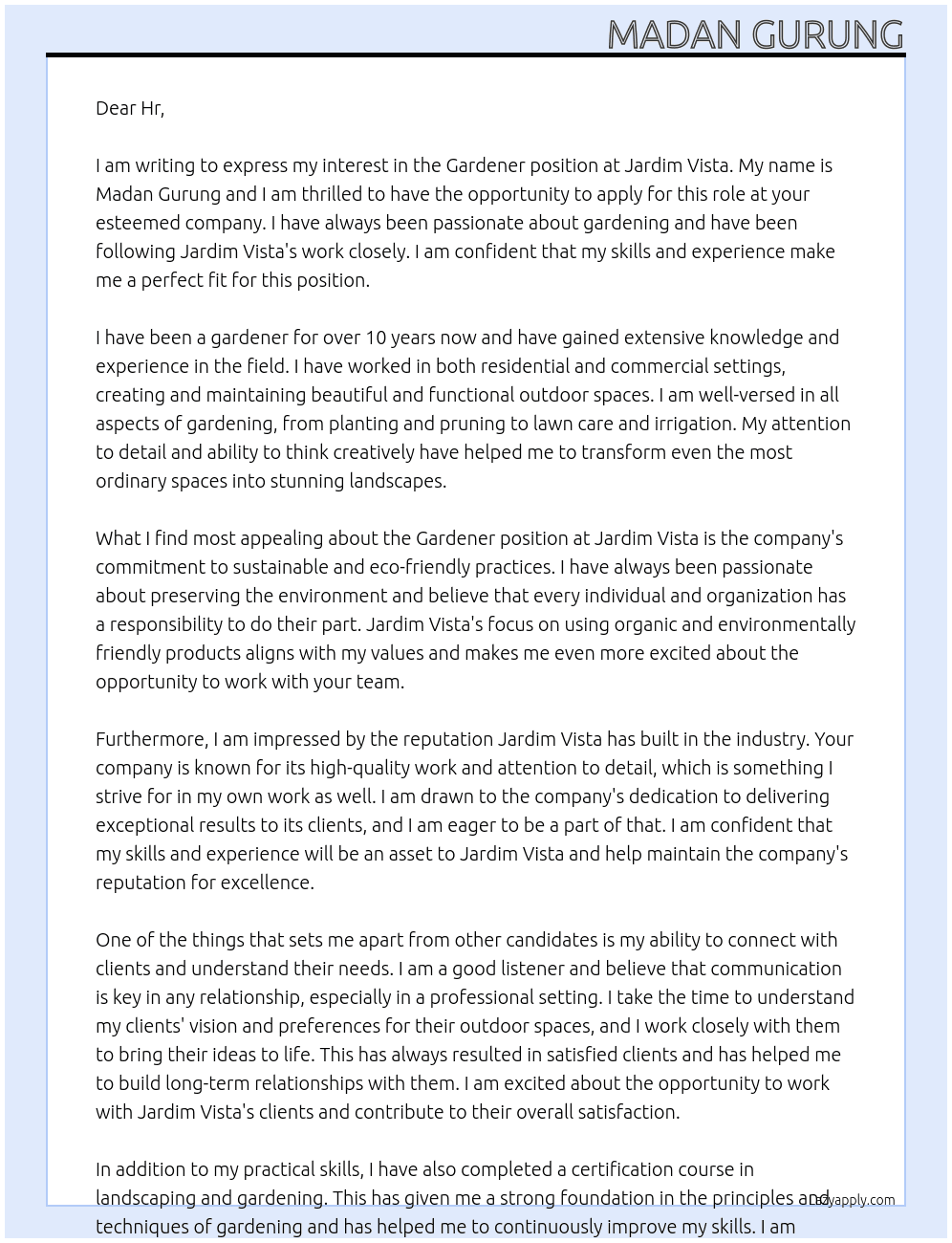 Gardener At Jardim vista Cover Letter
