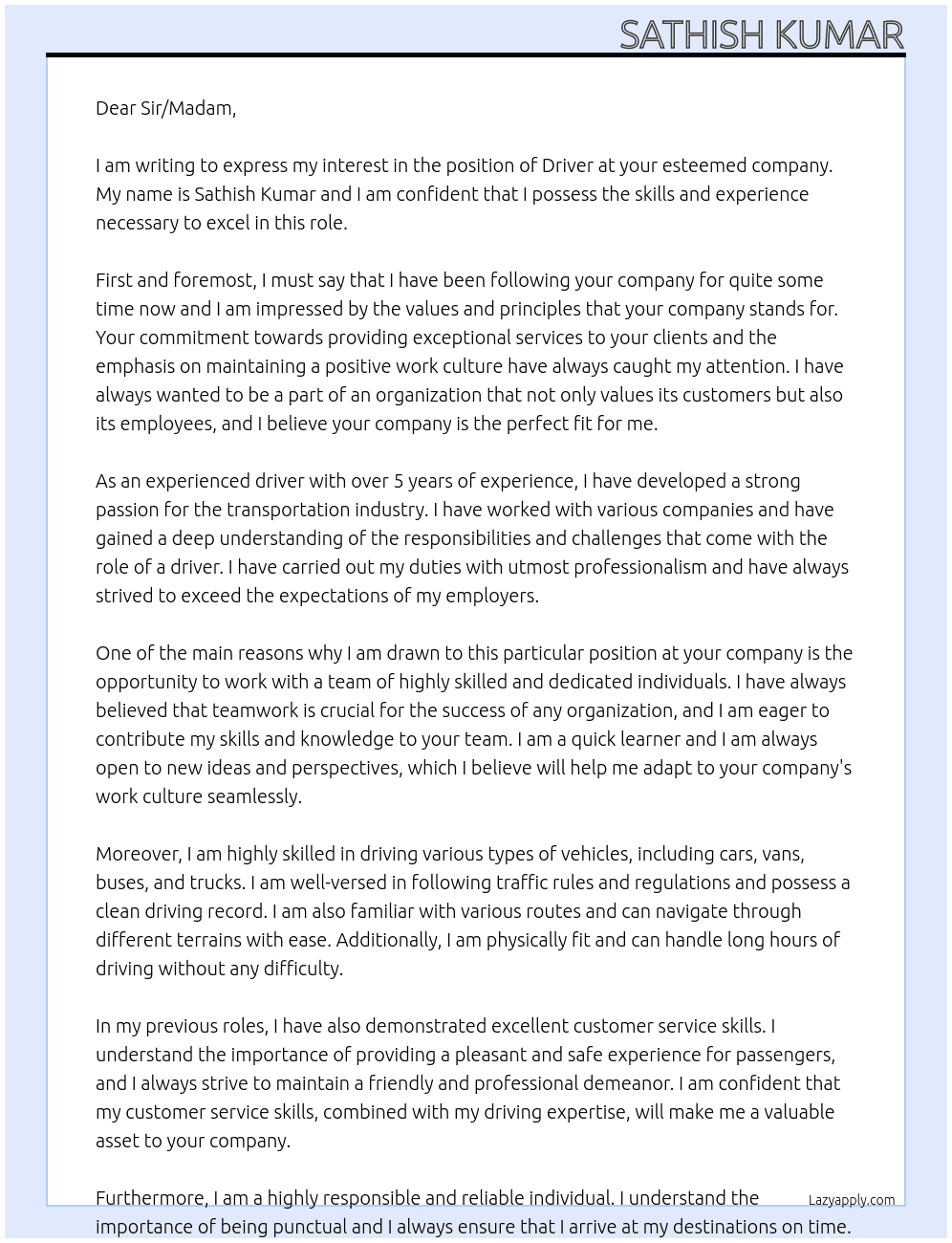 DRIVER At Dear sir?madam Cover Letter