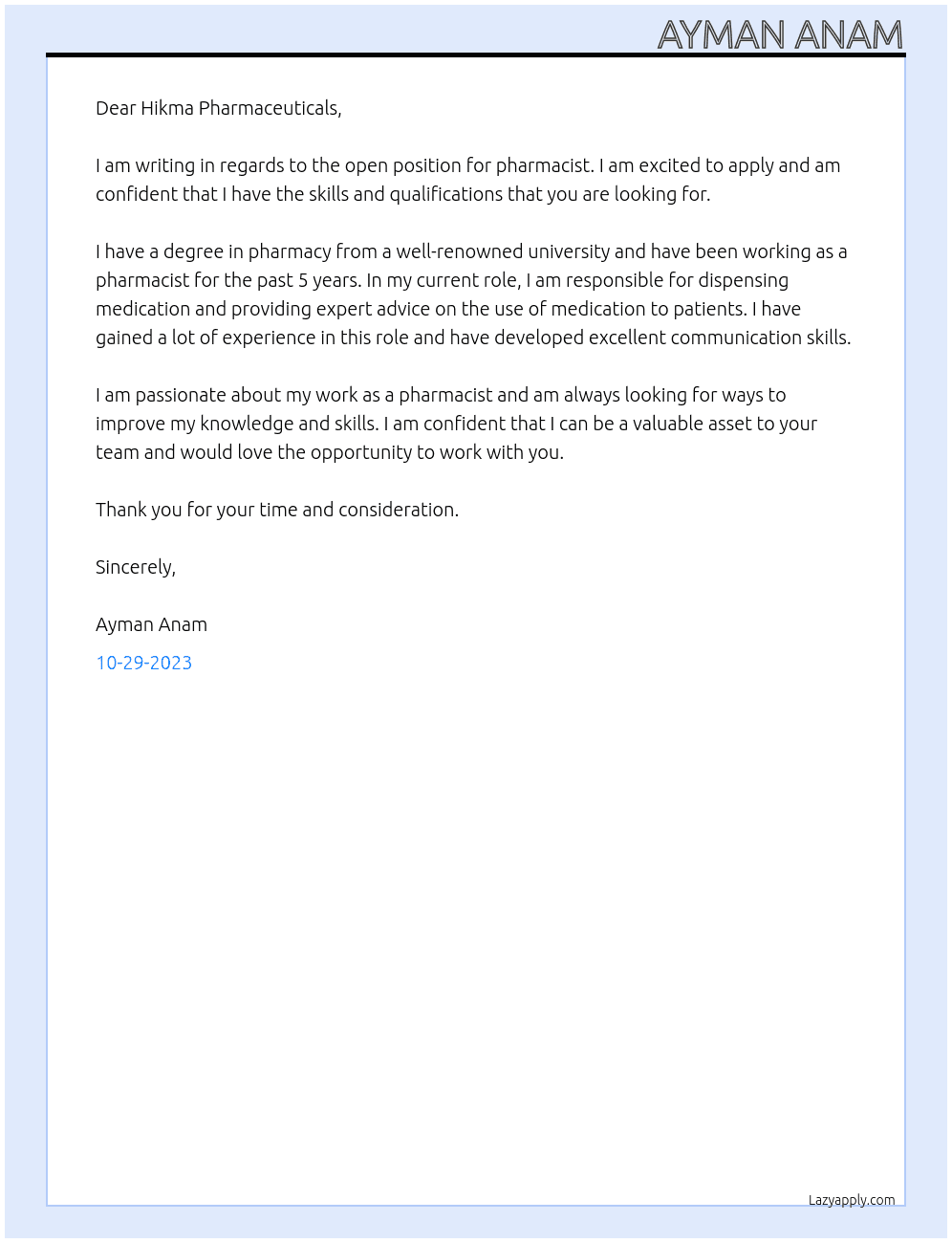 Pharmacist At Hikma  Cover Letter