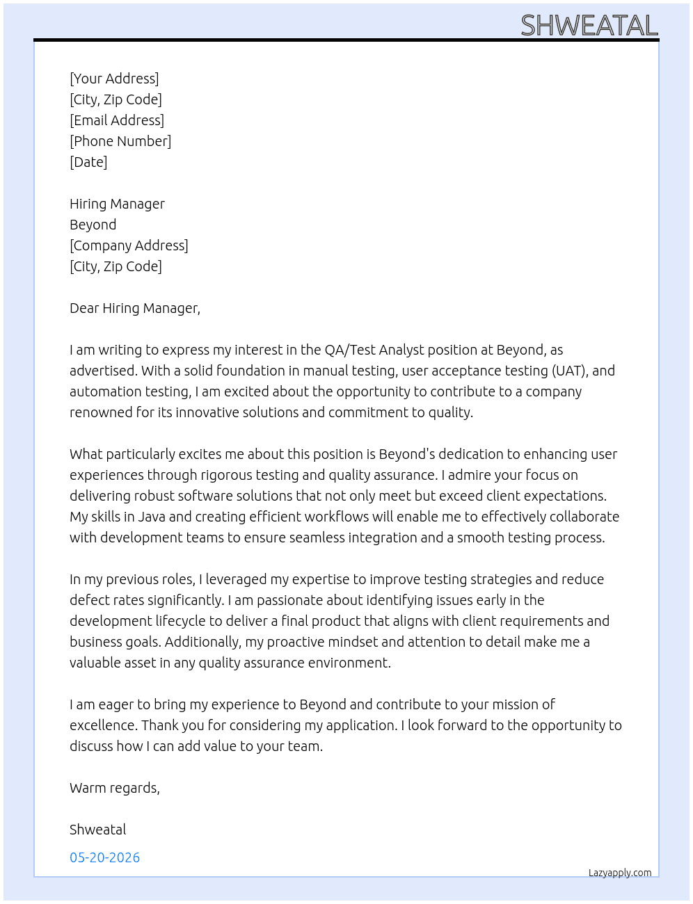 QA / Test Analyst At Beyond Cover Letter