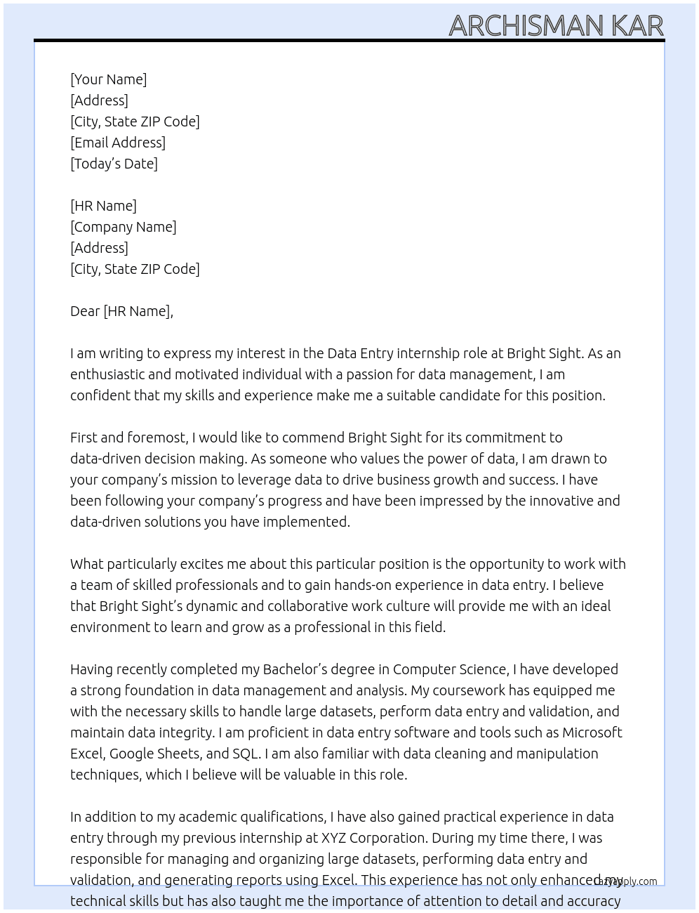Data Entry At Bright Sight Cover Letter