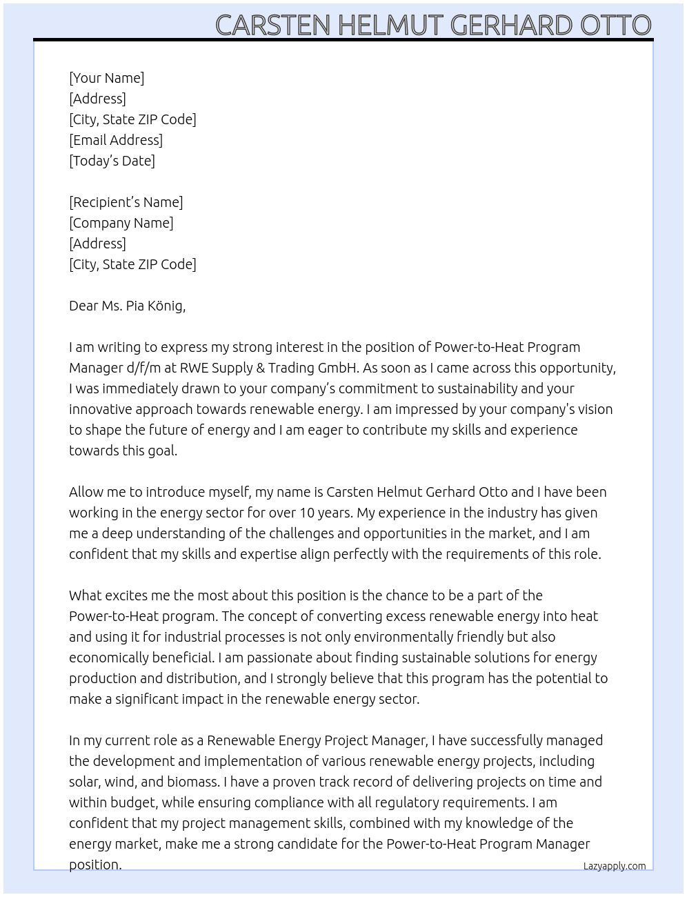 Power-to-Heat Program Manager d/f/m At RWE Supply & Trading GmbH Cover Letter